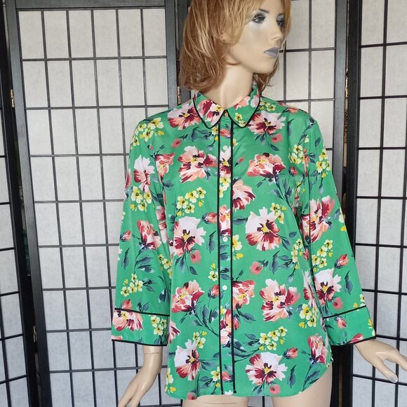 Lauren Ralph Lauren Green Floral 3/4 Sleeve Blouse Top XL Feminine! - Picture 5 of 9